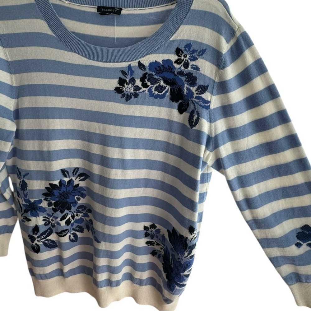 Talbots Womens Blue & White 3/4 Sleeve Striped Floral Knit Sweater M - Picture 5 of 6